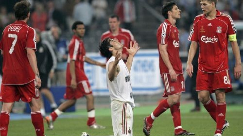 Kakā pēc ''Milan'' uzvaras 2007.gada UEFA Čempionu līgas finālā. Džerards blakus...
Foto: Professional Sport