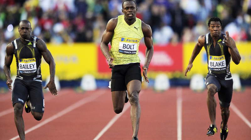 Johans Bleiks (pirmais no labās) ir pazīstamākais no šiem četriem jamaikiešiem, un šajā sezonā 100m ir skrējis 9,93 sekundēs.
AFP foto