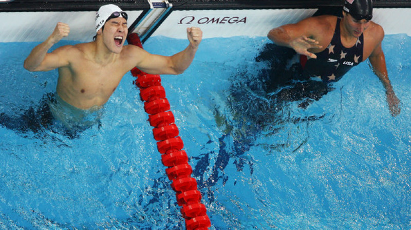 Taevans Pārks pēc uzvaras 400 metros brīvajā stilā 2008. gada Pekinas Olimpiskajās spēles
Foto: Getty Images