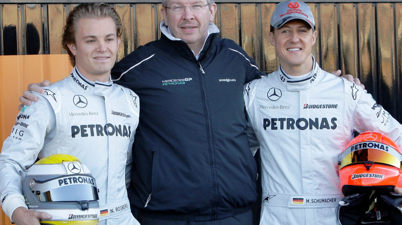 Niko Rosbergs, Ross Brauns un Mihaels Šūmahers
Foto: AP/Scanpix