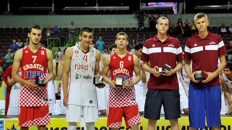 FIBAEurope U18 Zvaigžņu spēlē Ļubļanā piedalīsies viss Eiropas U18 čempionāta simboliskais piecinieks (no labās Kristaps Porziņģis un Anžejs Pasečniks). 
Foto: FIBAEurope/Romāns Kokšarovs