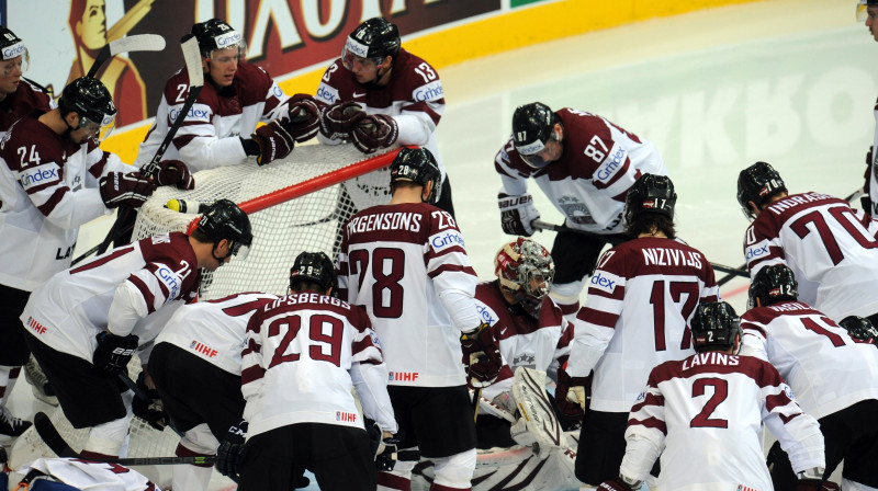 Latvijas hokeja valstsvienība 2014. gada pasaules čempionātā Baltkrievijā
Foto: Edijs Pālens, Leta