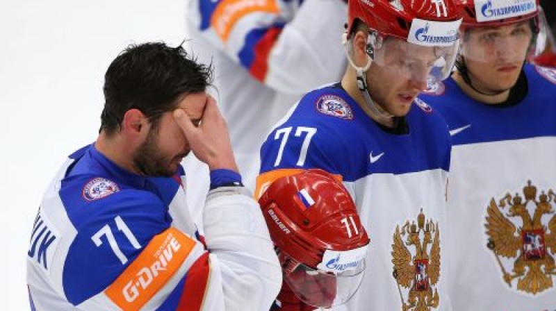 Krievijas hokejistu emocijas pēc zaudējuma
Foto: Valery Sharifulin/TASS/Scanpix