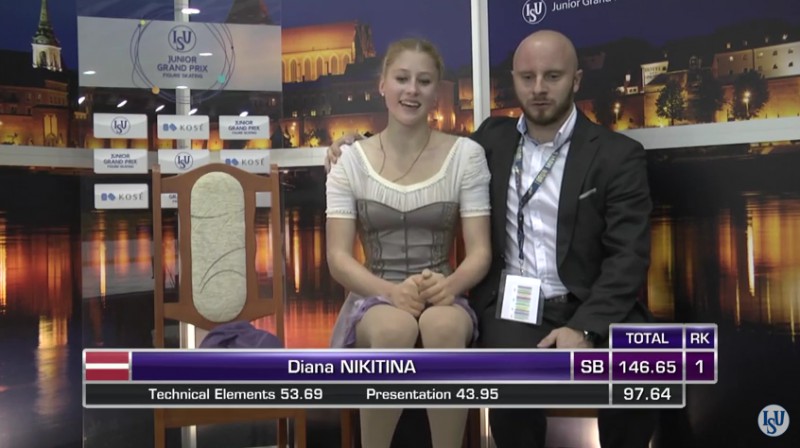 Diāna Ņikitina un treneris Romāns Panteļejevs 
Foto: ISU Figure Skating