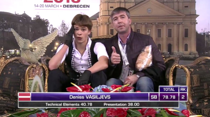 Deniss Vasiļjevs un treneris Aleksejs Urmanovs
Foto: Eurovisionsports.tv