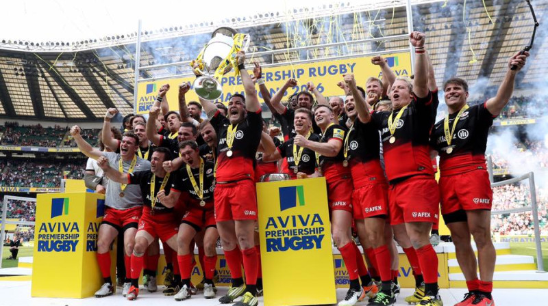 Londonas "Saracens" triumfējot 2015./2016. gada Premjerlīgas sezonā.
Foto: facebook.com/SaracensOfficial