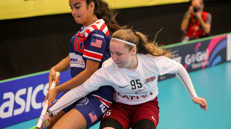 Anna Ankudinova Latvijas izlases kreklā spēlē pret ASV
Foto: Ritvars Raits, floorball.lv