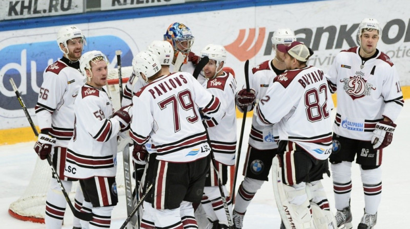 Rīgas ''Dinamo'' hokejsti pēc uzvaras iepriekšējā spēlē. Foto: dinamoriga.lv