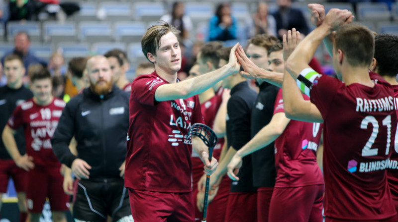 Divās spēlēs trīs vārtus guvis Somijas Elites līgā spēlējošais Morics Krūmiņš. Foto: Ritvars Raits, floorball.lv