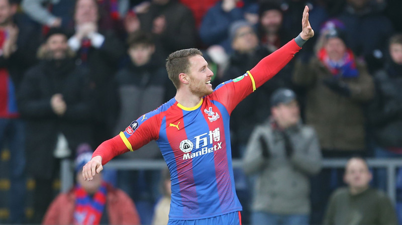 "Crystal Palace" futbolists Konors Vihems priecājas par vārtu guvumu. Foto: EMPICS Sport/Scanpix