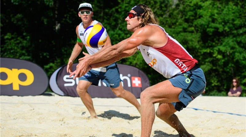 Aleksandrs Samoilovs un Jānis Šmēdiņš Gštādē. Foto: FIVB