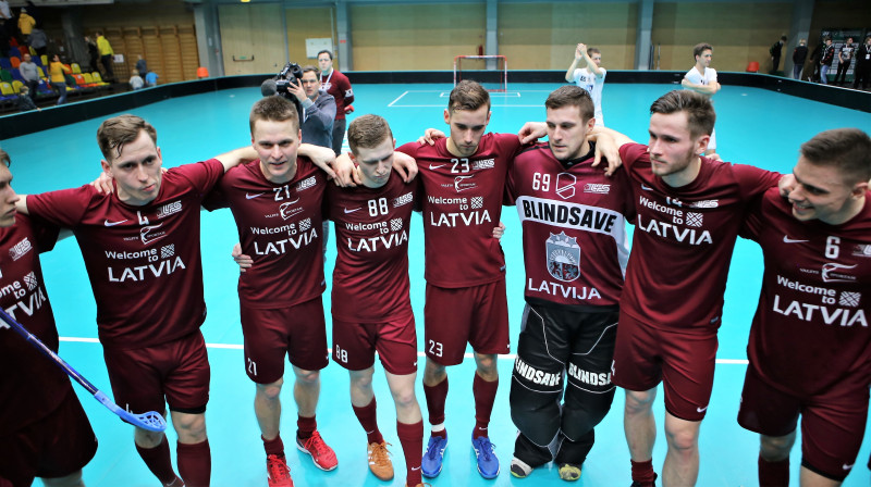 Latvijas izlase nodrošinājusi vietu pasaules čempionāta finālturnīrā. Foto: Ritvars Raits, floorball.lv