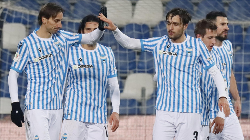 Ferrāras SPAL futbolisti svin vārtu guvumu. Foto: Serena Campanini/EPA/Scanpix