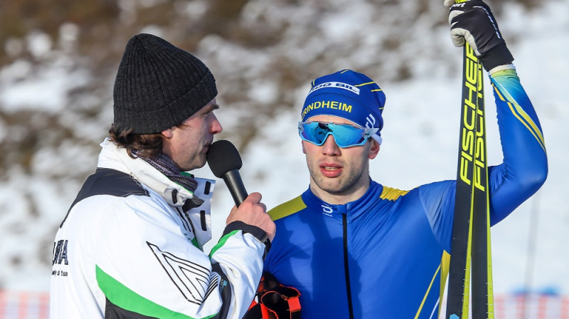 Intervija ar Raimo Vīgantu pēc uzvaras. Foto: Agris Veckalniņš/ski.lv