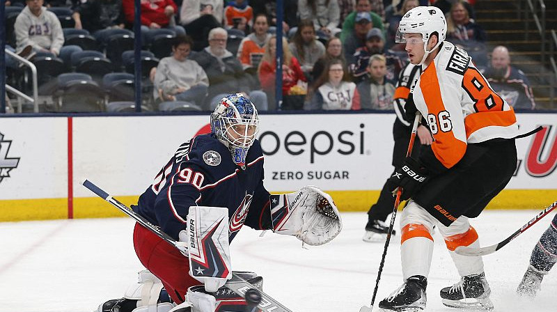 Elvis Merzļikins darbībā. Foto: USA Sports Today/Scanpix