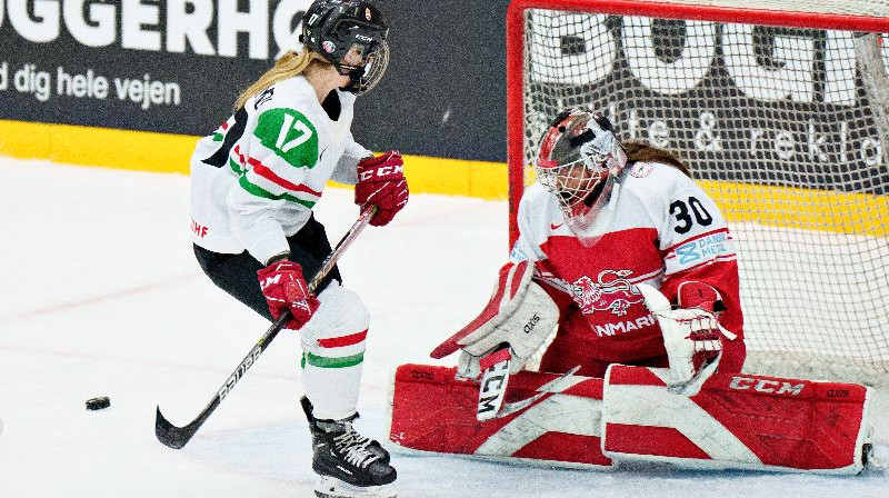 Dānijas varone Liza Jensene (#30) duelī pret Ungārijas uzbrucēju Sofiju Pazmandi (#17). Foto: EPA/Scanpix