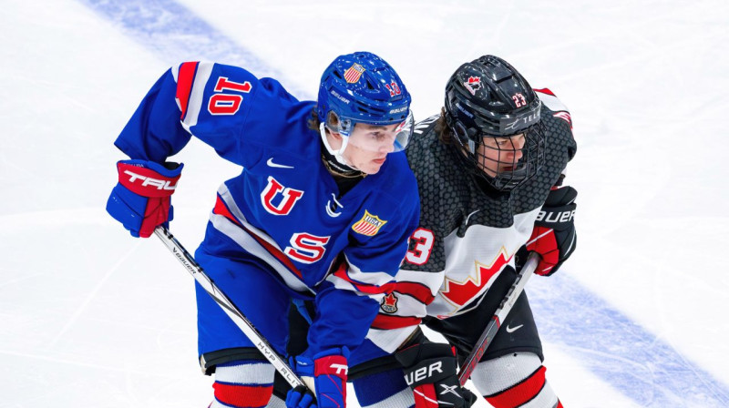 ASV hokejists Džo Konors un kanādietis Tajs Meisons. Foto: Hockey Canada