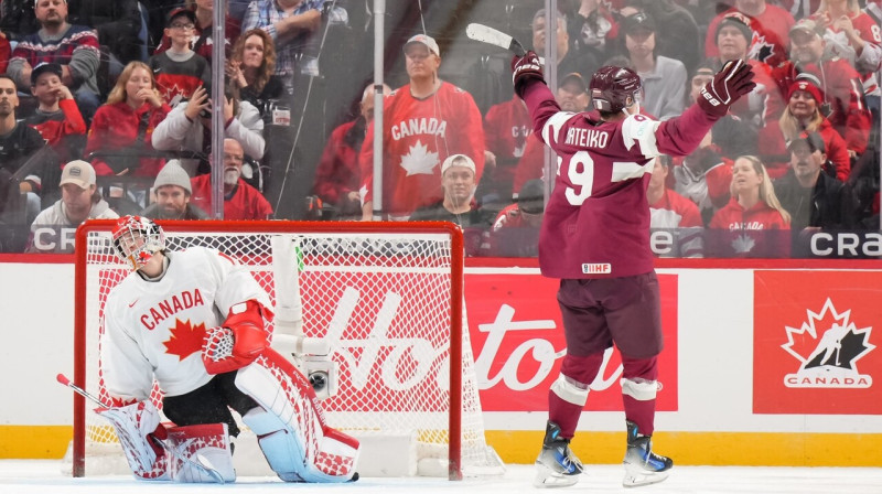 Mirklis pēc Ērika Mateiko uzvaras metiena cīņā pret Kanādas U20 valstsvienību. Foto: IIHF