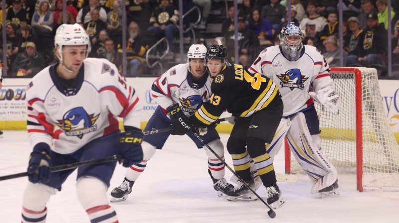 Dans Ločmelis cīņā Springfīldas "Thunderbirds" vārtu priekšā. Foto: Providence Bruins