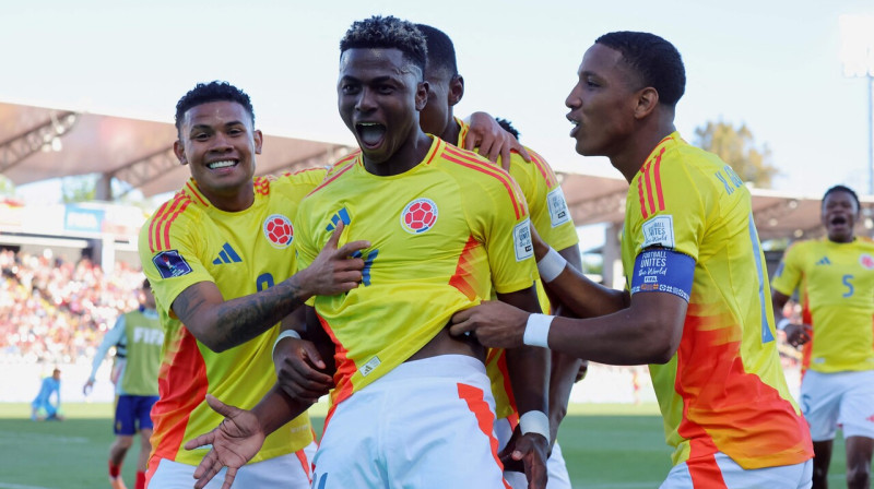 Kolumbietis Naisers Vijareals pēc vārtu guvuma U20 Pasaules kausa ceturtdaļfinālā pret Spāniju. Foto: